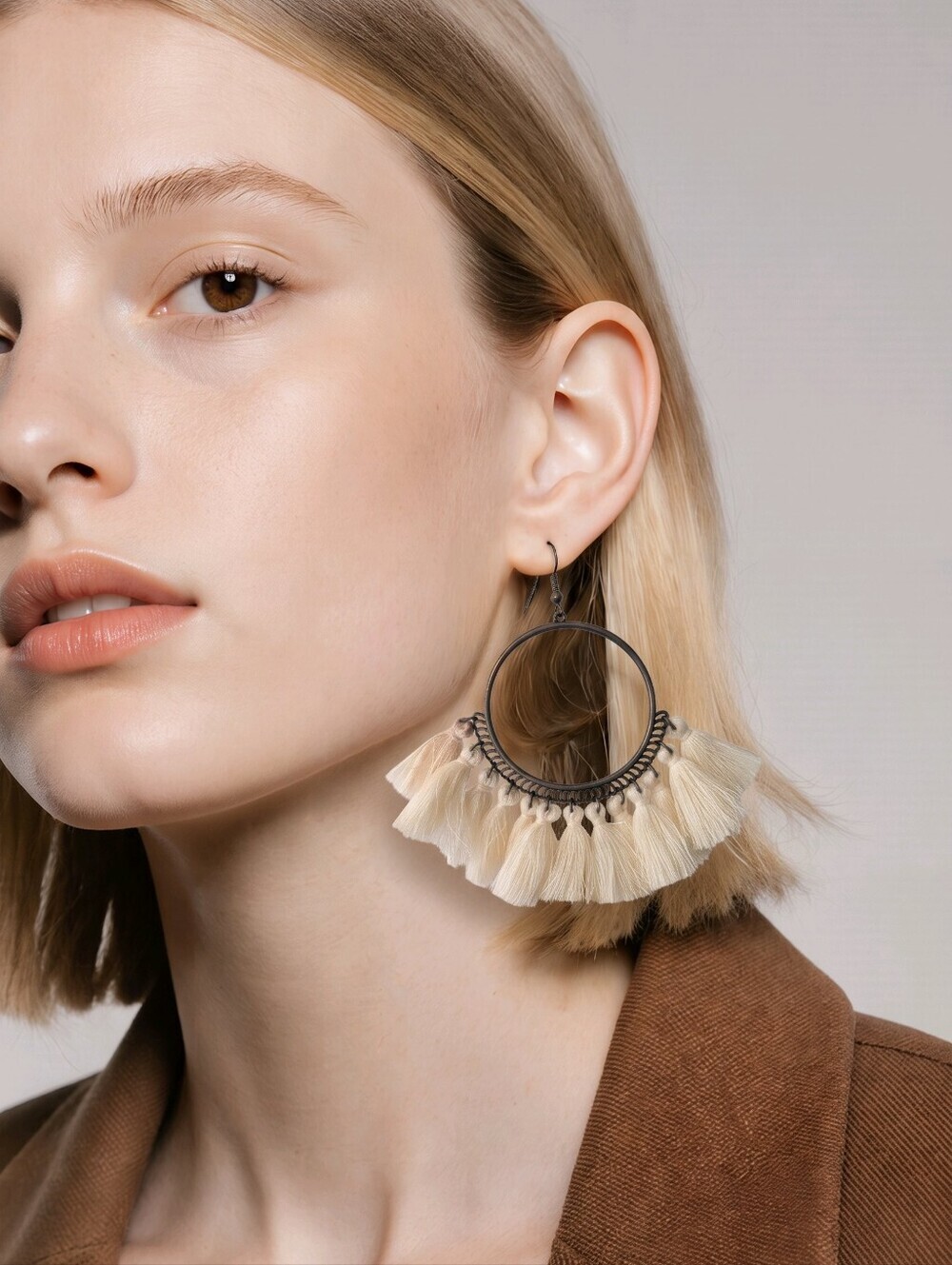 Elegant Cream Tassel Hoop Earrings
